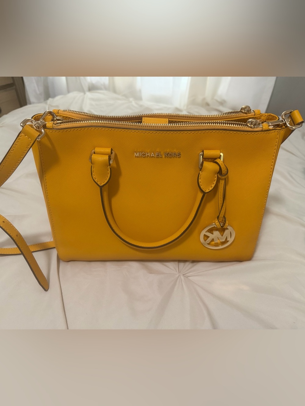 MICHAEL KORS Yellow Saffiano Leather Satchel with MK Charm